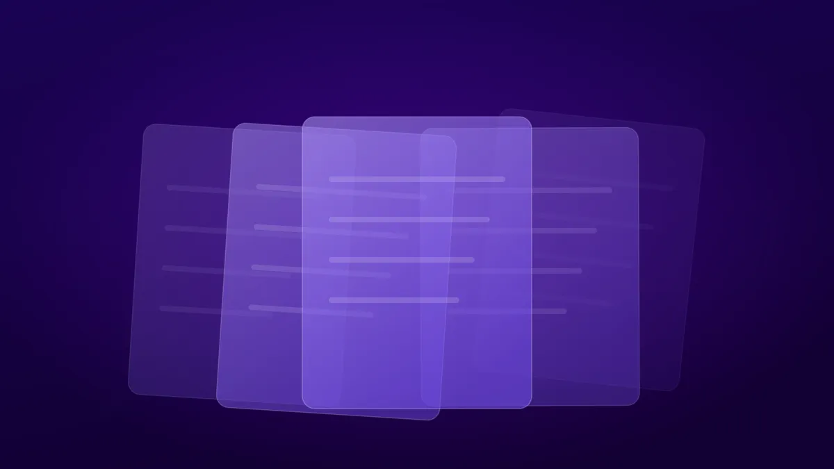 Softly overlapping violet cards with ruled lines, like a stack of written notes.